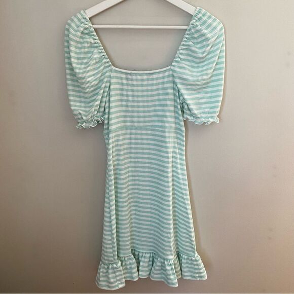 Vero Moda Dress Striped Mint Green White Ribbed Puff Sleeves Ruffle Edge Casual - Picture 5 of 10